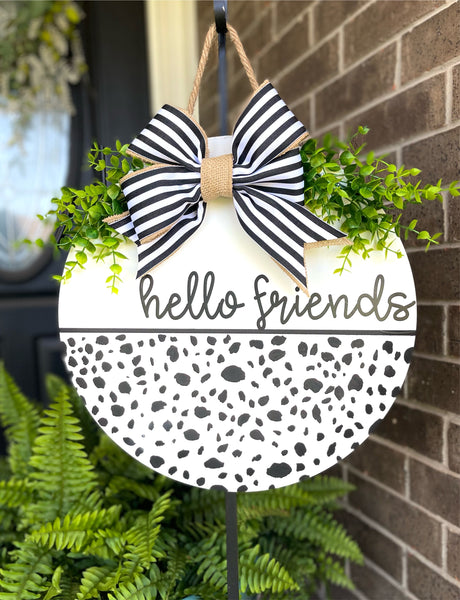 Hello Friends Black and White Dalmatian Print Welcome Sign Door Hanger